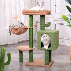 MeowSir Cactus Cat Tree 34 Inches Small Cat Tower with Top Perch, Comfy Hammock.